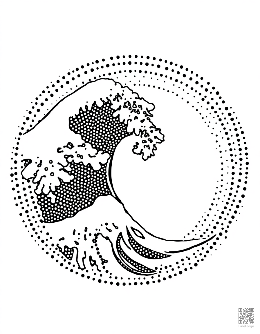 japanese wave pattern in circular form coloring page Stipple style - free printable