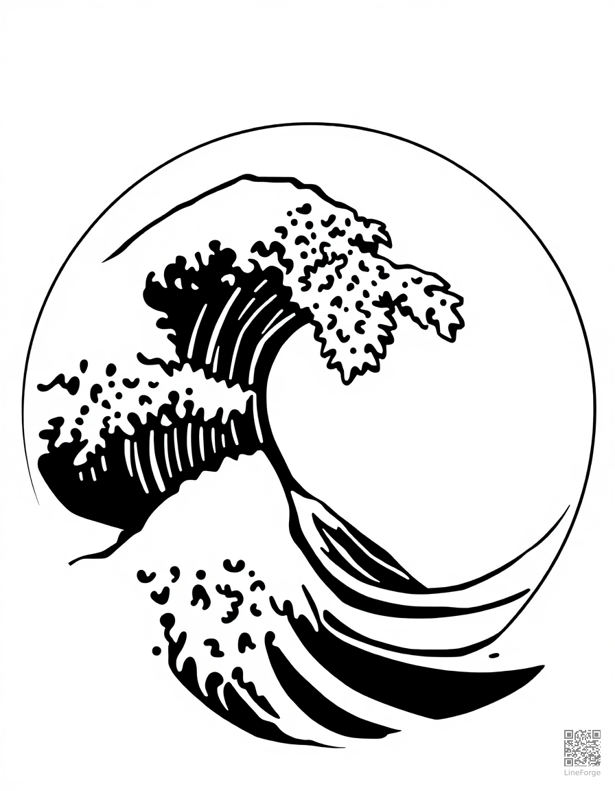 japanese wave pattern in circular form coloring page Woodcut style - free printable