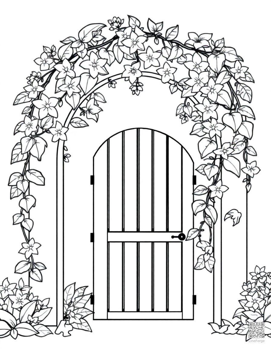jasmine vine on an arched garden gate coloring page Contour style - free printable