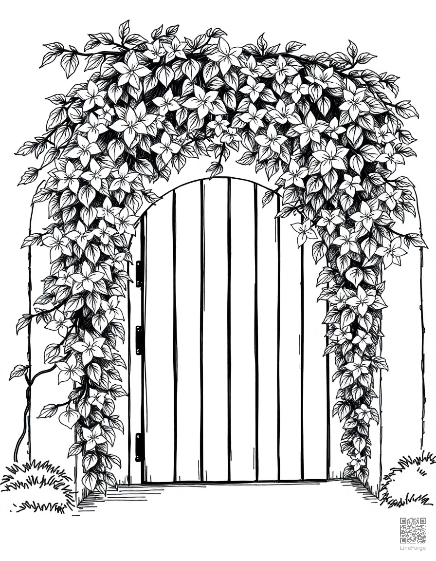 jasmine vine on an arched garden gate coloring page Crosshatch style - free printable