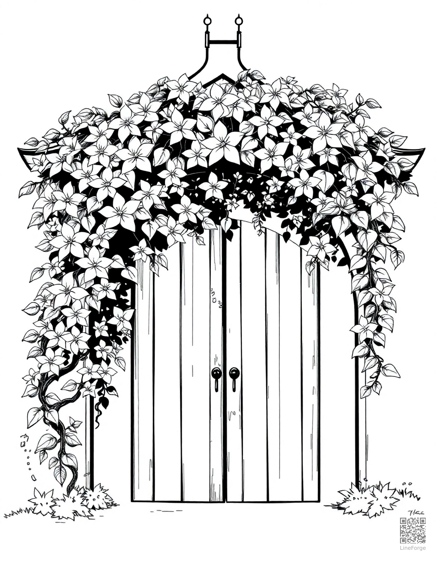jasmine vine on an arched garden gate coloring page Manga style - free printable