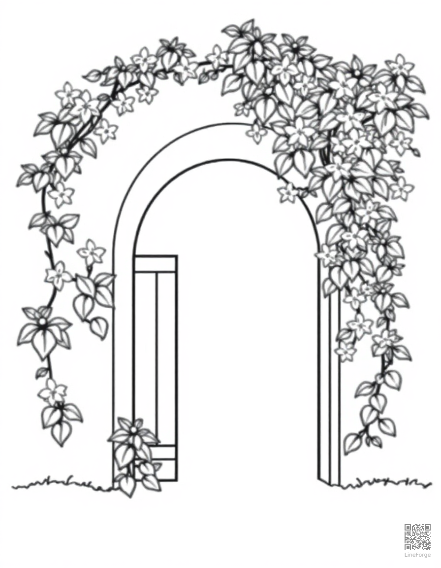 jasmine vine on an arched garden gate coloring page Minimal style - free printable