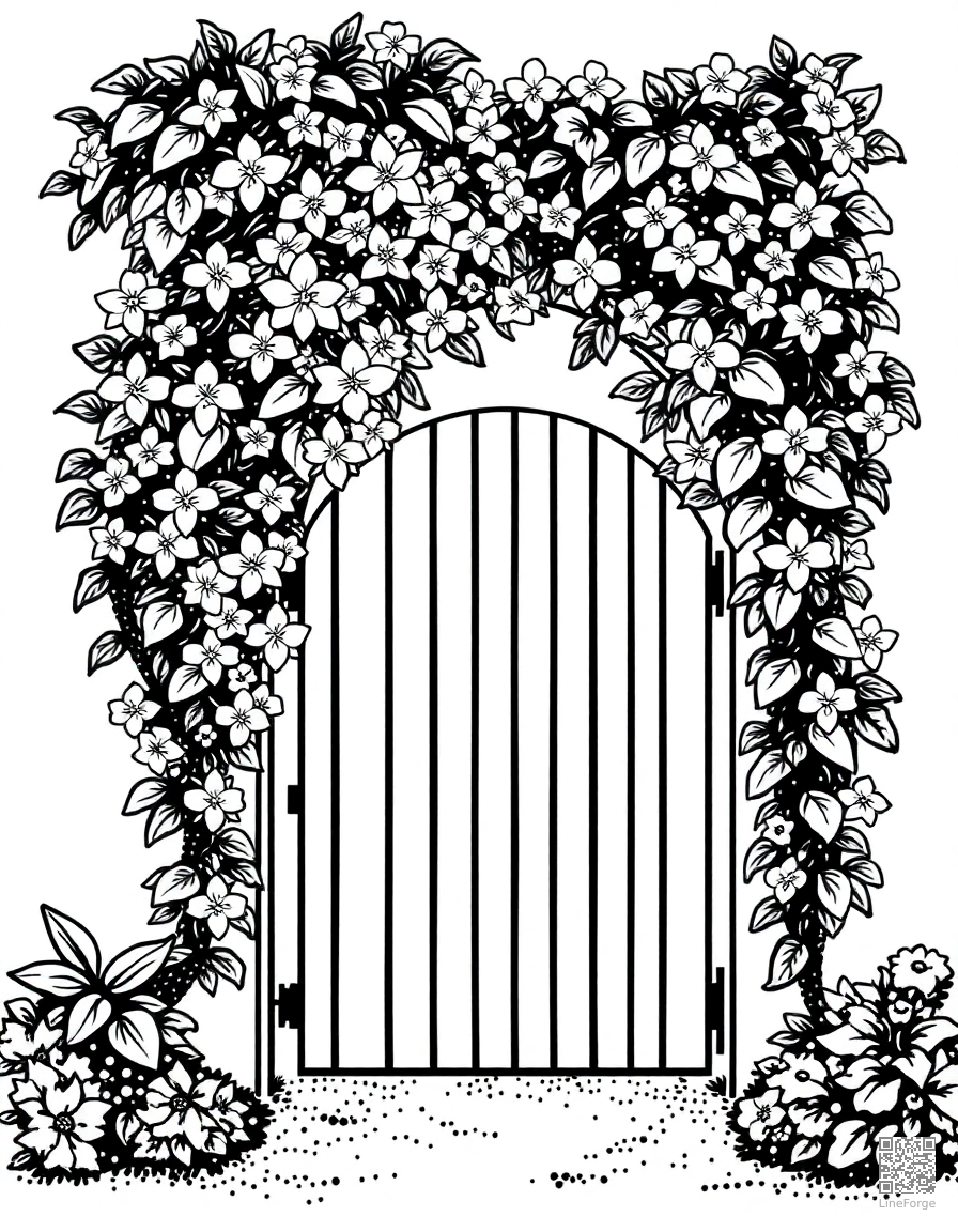 jasmine vine on an arched garden gate coloring page Stipple style - free printable