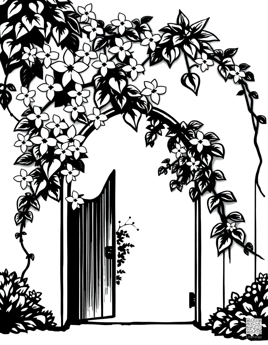 jasmine vine on an arched garden gate coloring page Woodcut style - free printable