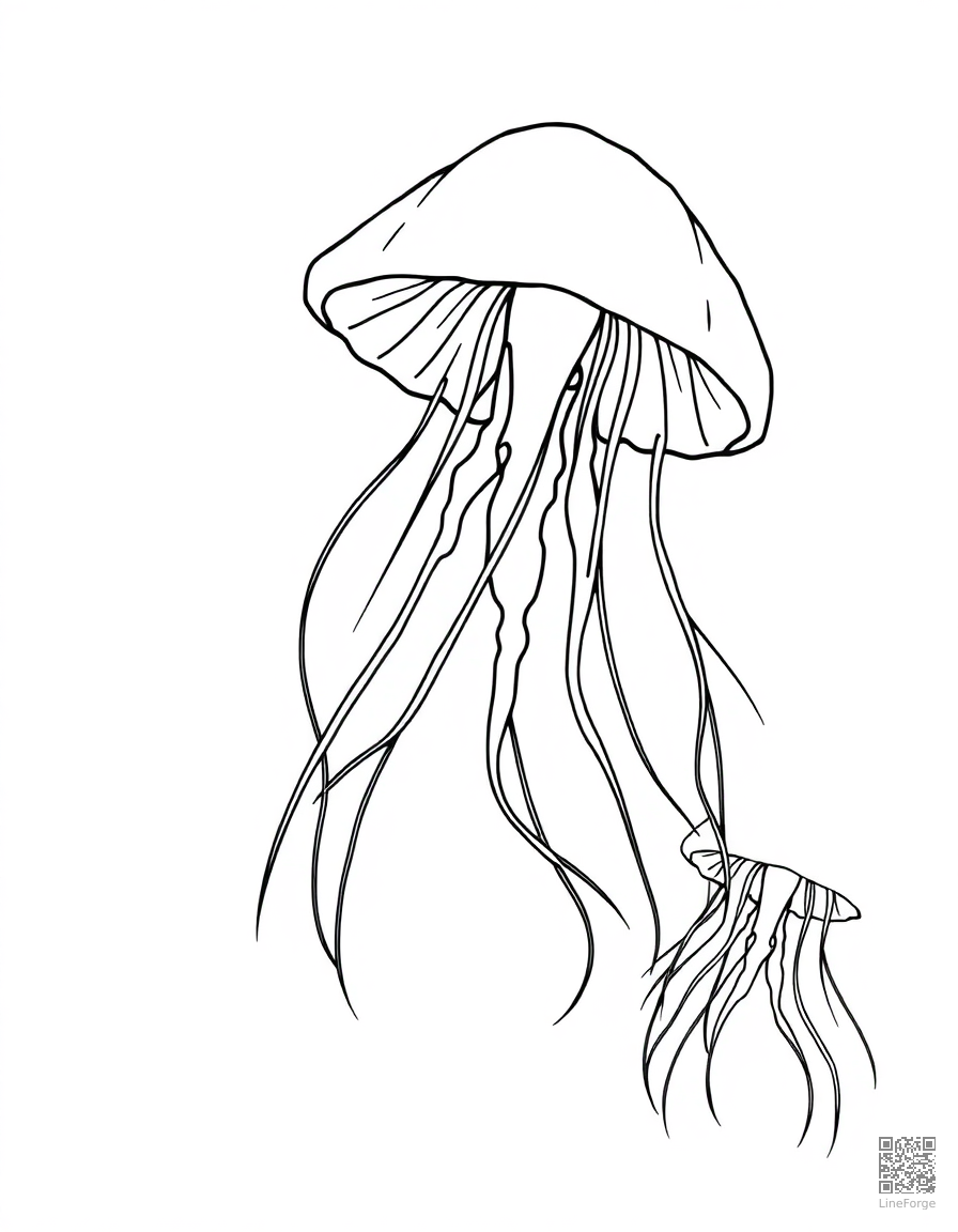 Free jellyfish floating in deep ocean water coloring page in contour style — printable line art