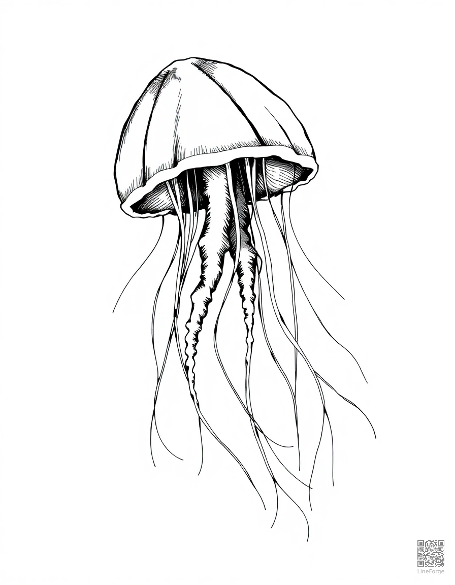 jellyfish floating in deep ocean water coloring page Crosshatch style - free printable