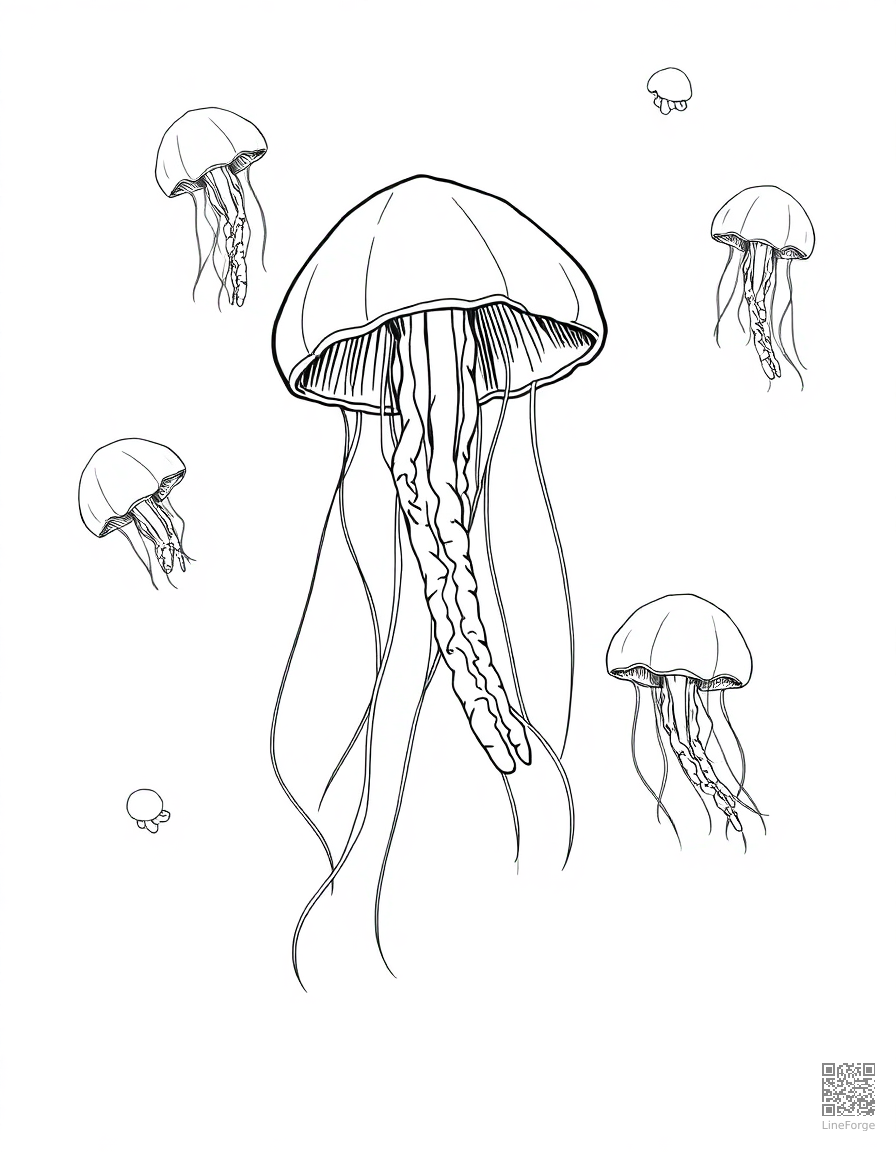 Free jellyfish floating in deep ocean water coloring page in manga style — printable line art