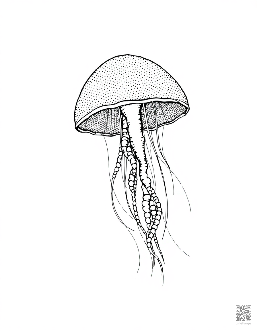 Free jellyfish floating in deep ocean water coloring page in stipple style — printable line art