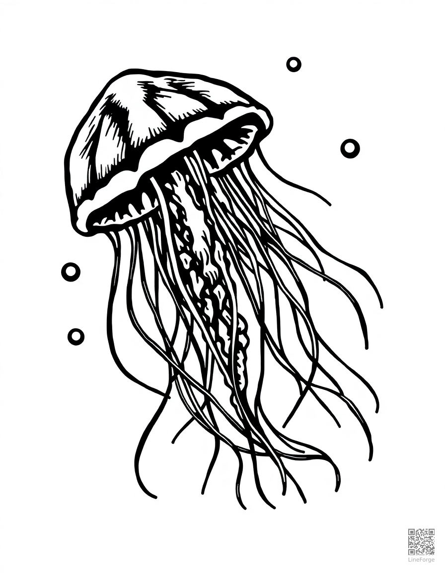 jellyfish floating in deep ocean water coloring page Woodcut style - free printable