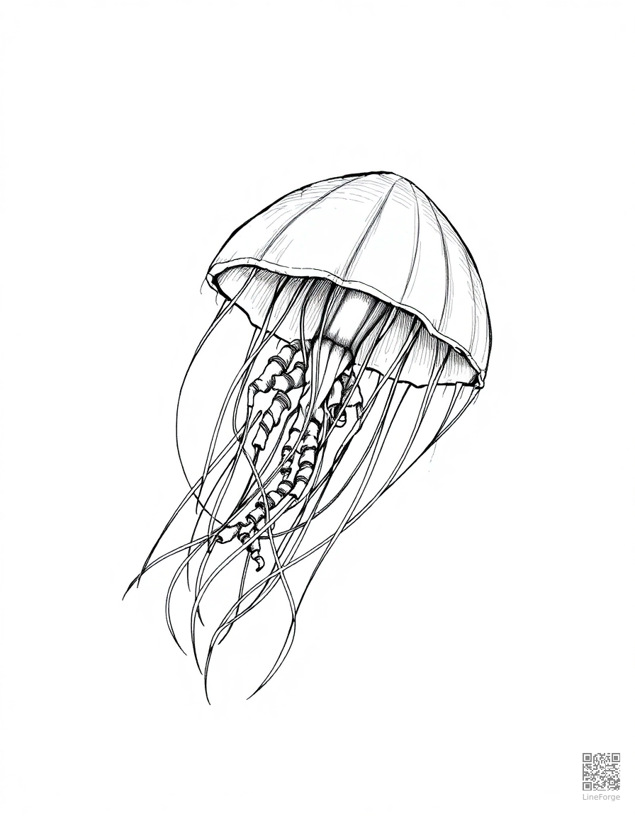 Free jellyfish floating in deep water coloring page in crosshatch style — printable line art