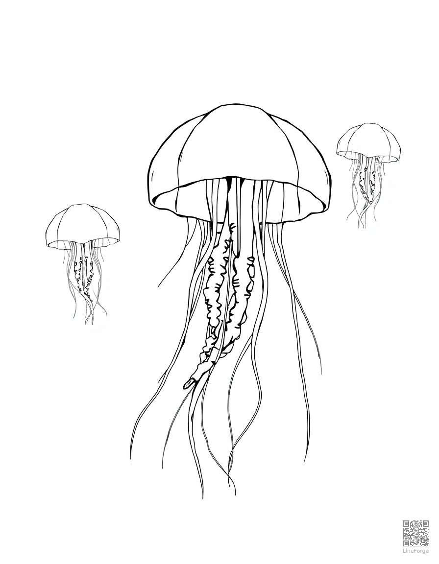 Jellyfish floating in deep water coloring page Manga style - free printable
