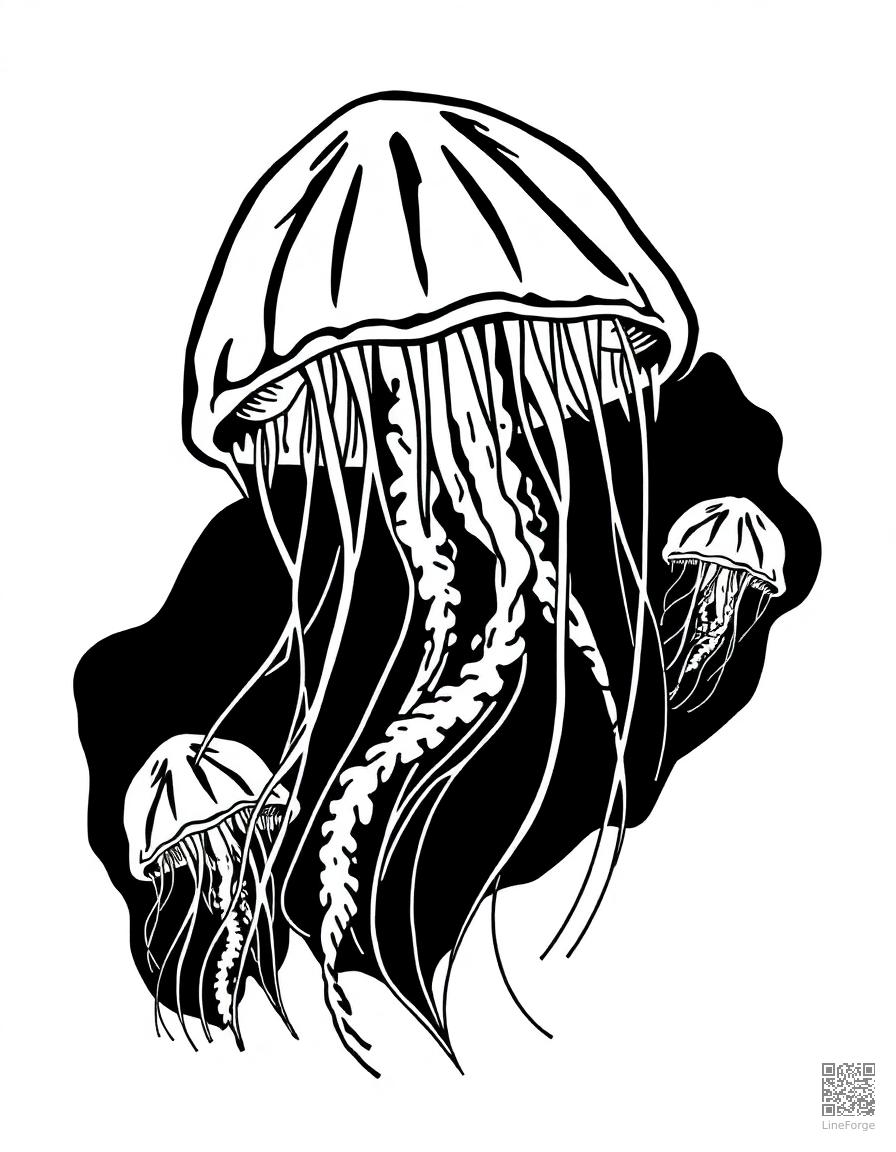 Free jellyfish floating in deep water coloring page in woodcut style — printable line art