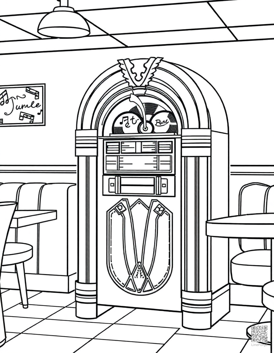 Free jukebox playing records in a diner coloring page in contour style — printable line art