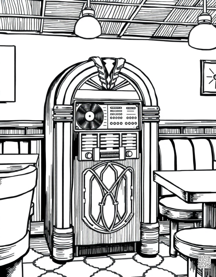 jukebox playing records in a diner coloring page Crosshatch style free printable
