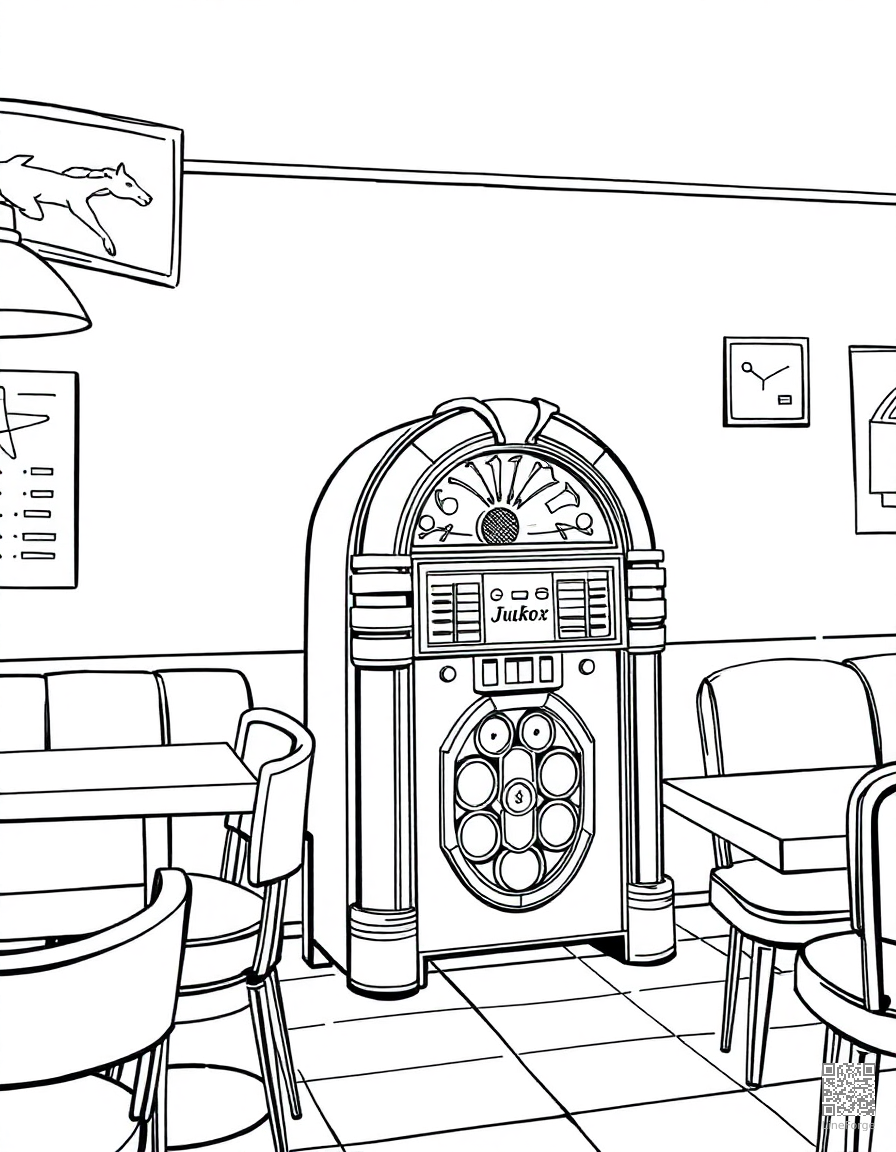 Free jukebox playing records in a diner coloring page in manga style — printable line art