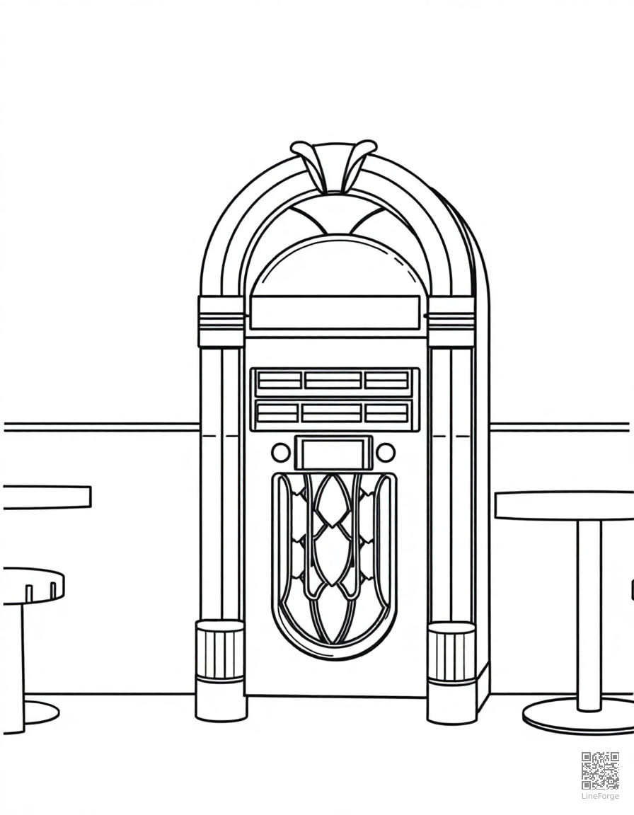Free jukebox playing records in a diner coloring page in minimal style — printable line art