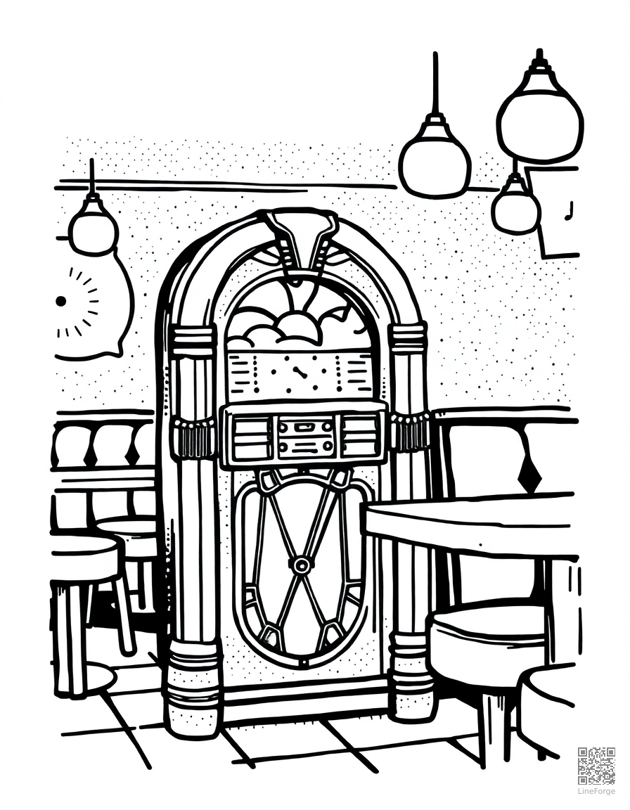 jukebox playing records in a diner coloring page Stipple style free printable