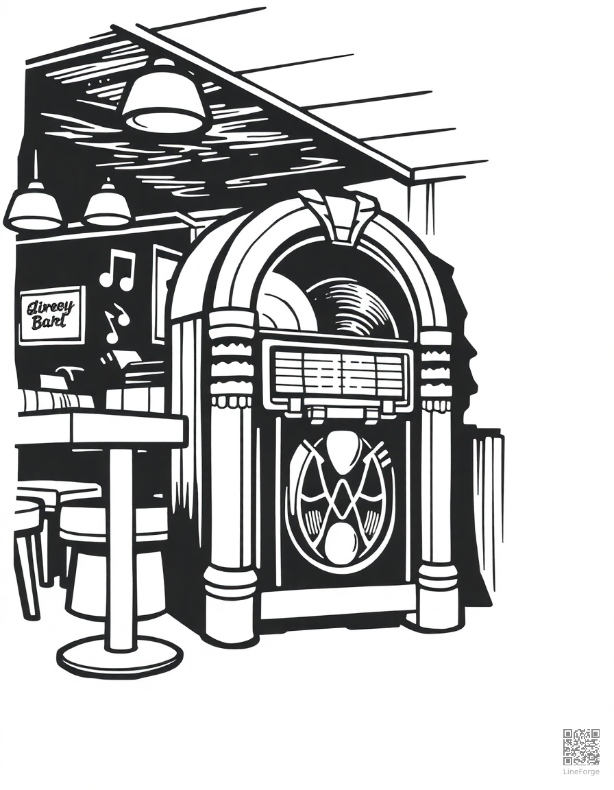 Free jukebox playing records in a diner coloring page in woodcut style — printable line art