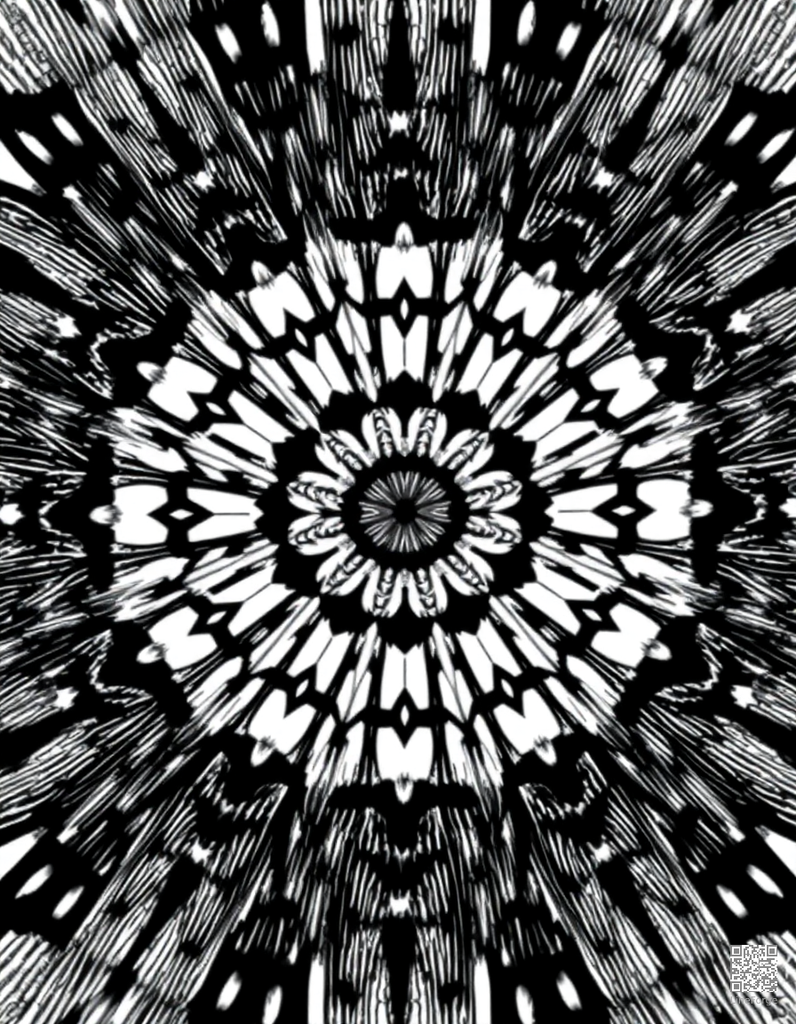 kaleidoscope pattern with symmetrical design coloring page Crosshatch style - free printable