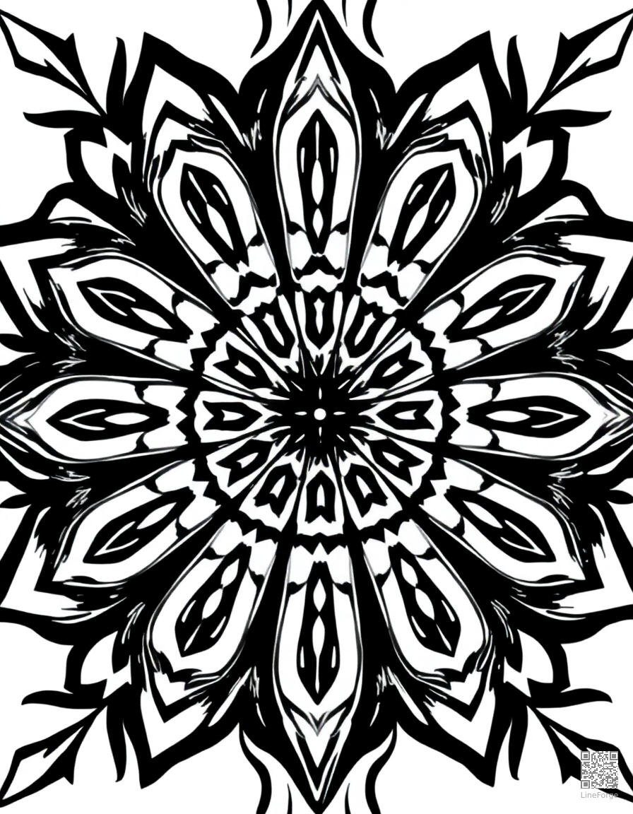 kaleidoscope pattern with symmetrical design coloring page Woodcut style - free printable