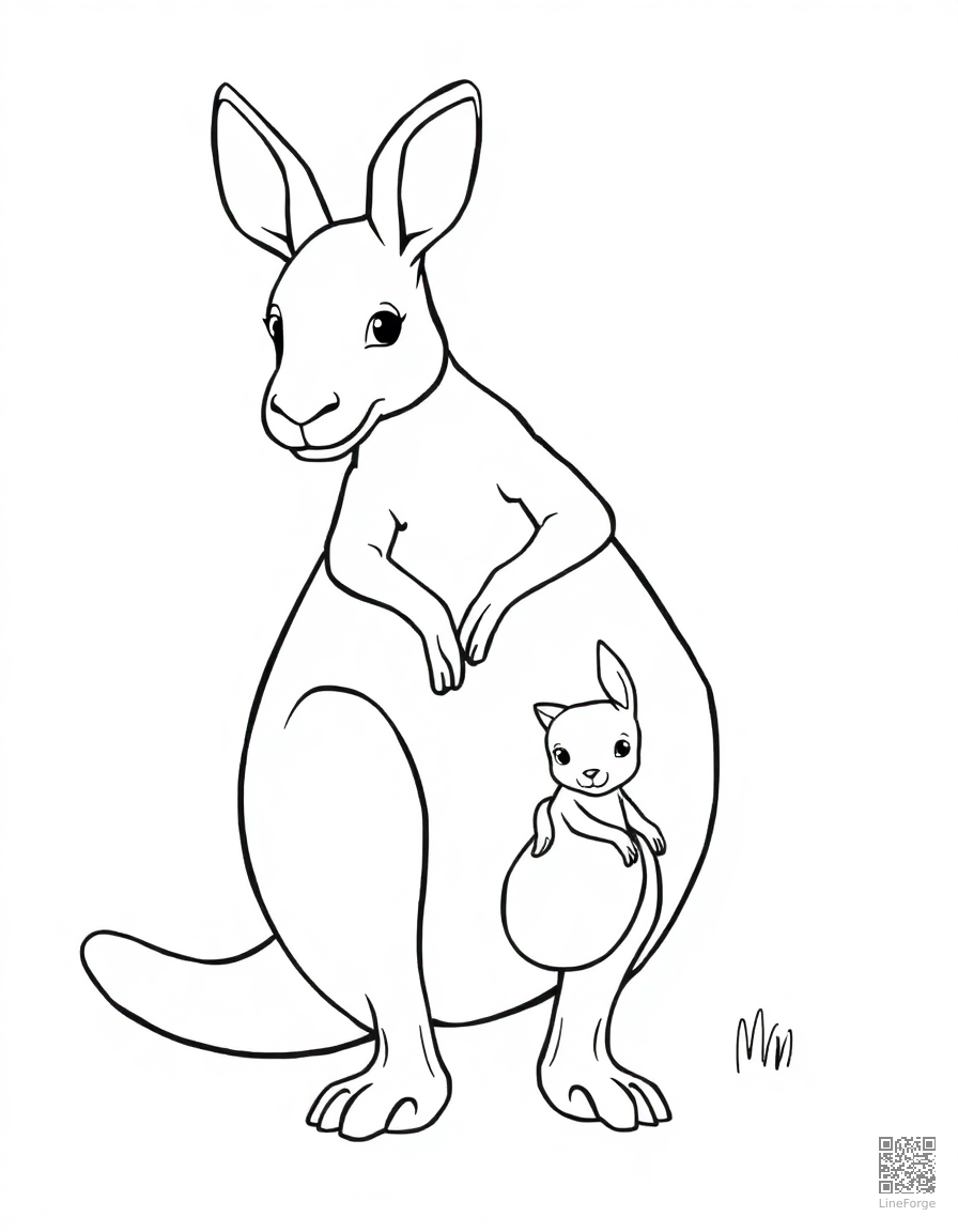 Free kangaroo with joey in its pouch coloring page in contour style — printable line art
