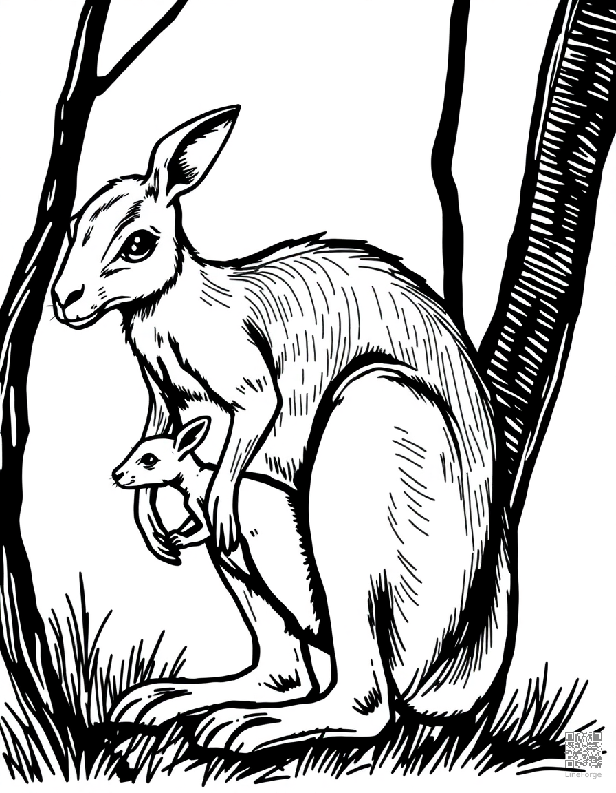 kangaroo with joey in its pouch coloring page Crosshatch style - free printable