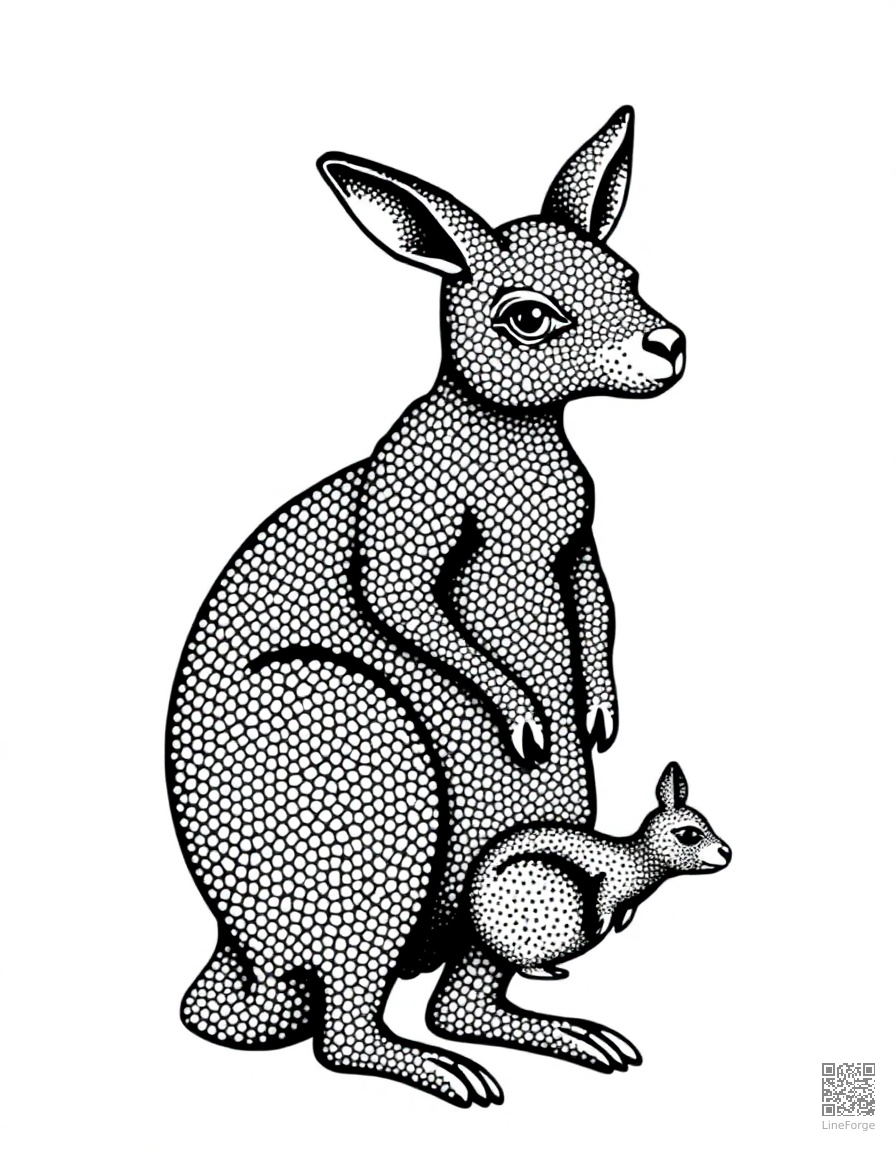 Free kangaroo with joey in its pouch coloring page in stipple style — printable line art