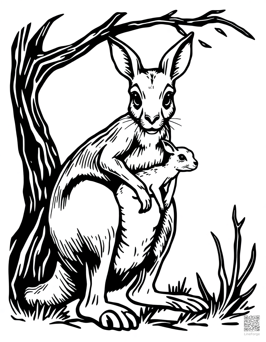 kangaroo with joey in its pouch coloring page Woodcut style - free printable