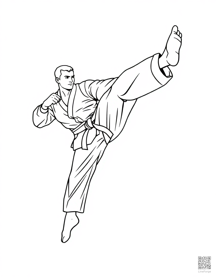 karate fighter doing a flying kick coloring page Contour style - free printable
