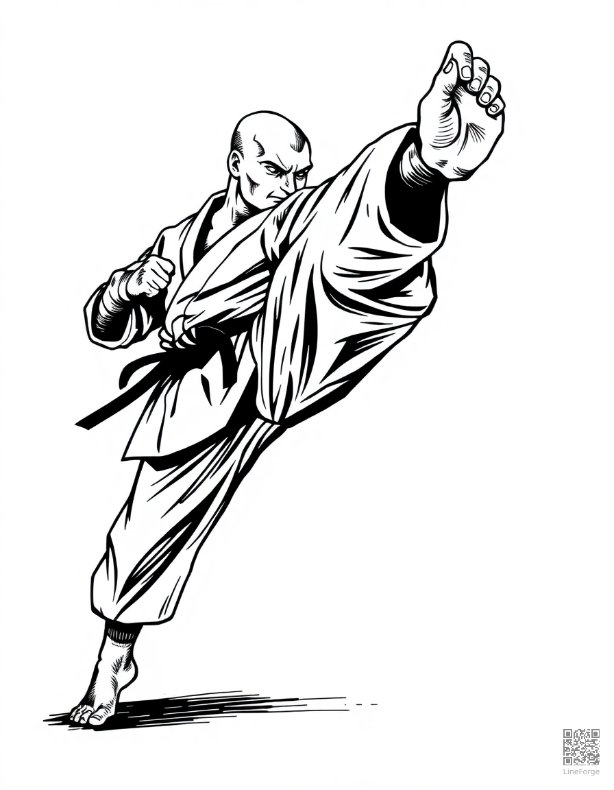 karate fighter doing a flying kick coloring page Crosshatch style - free printable