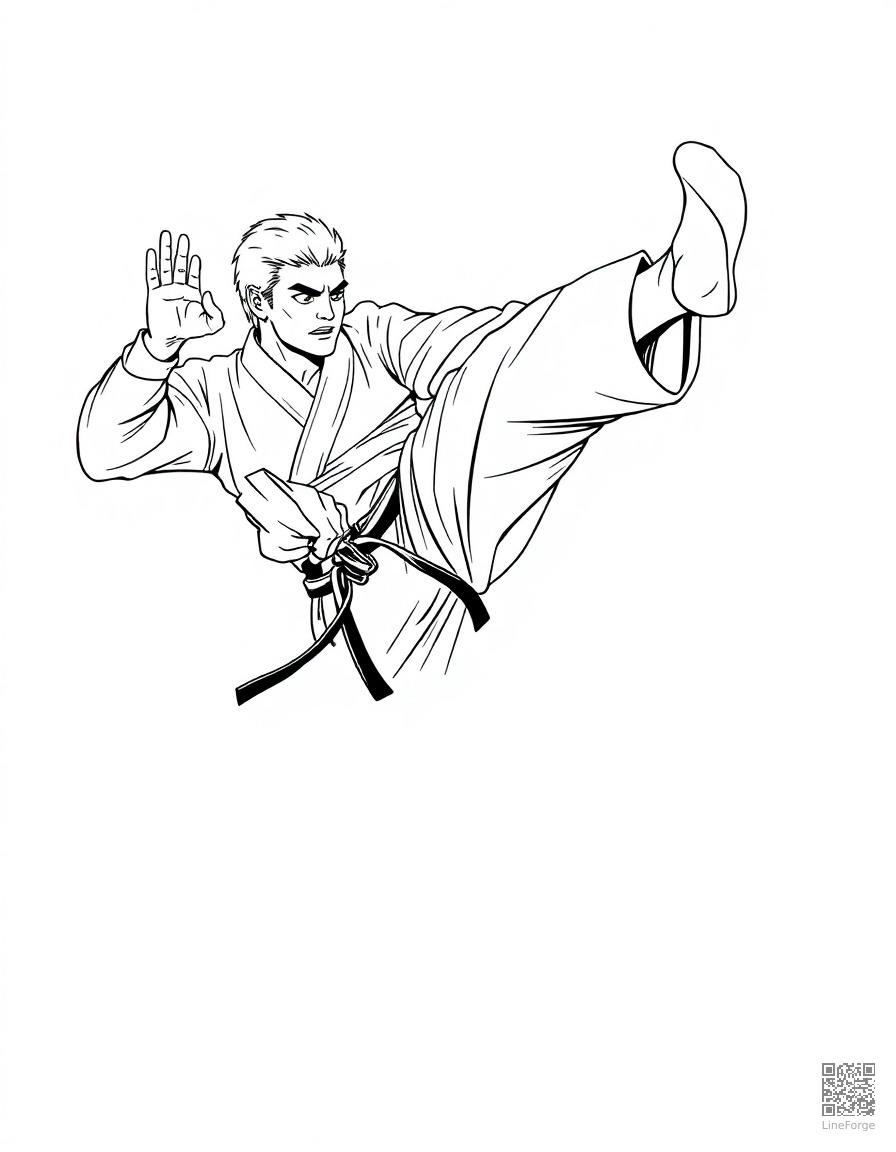 karate fighter doing a flying kick coloring page Manga style - free printable