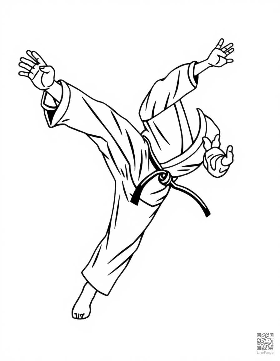 karate fighter doing a flying kick coloring page Minimal style - free printable