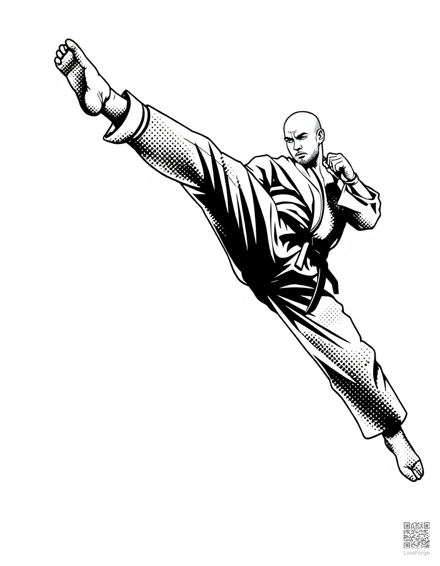 karate fighter doing a flying kick coloring page Stipple style - free printable