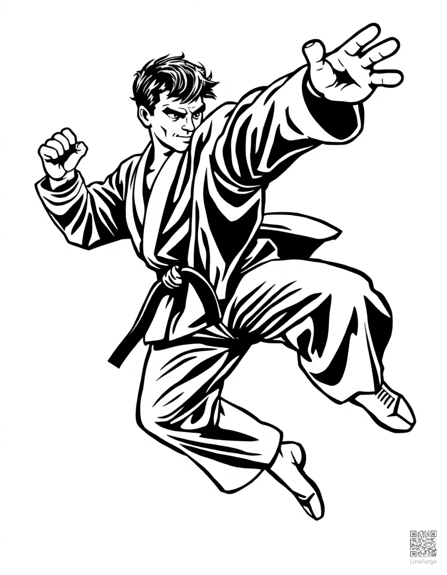 karate fighter doing a flying kick coloring page Woodcut style - free printable