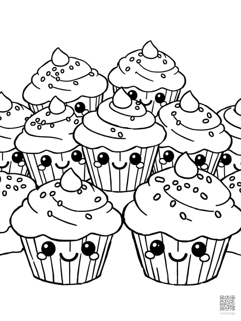 Kawaii cupcakes with smiling faces and sprinkles coloring page Contour style - free printable