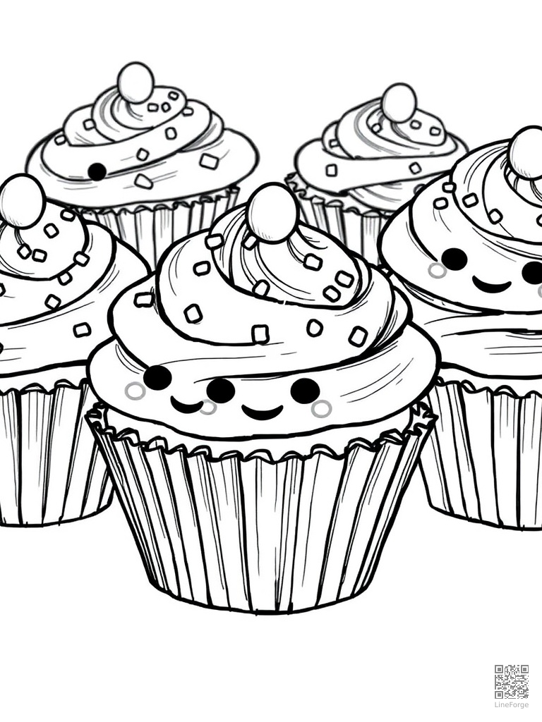 Kawaii cupcakes with smiling faces and sprinkles coloring page Crosshatch style - free printable
