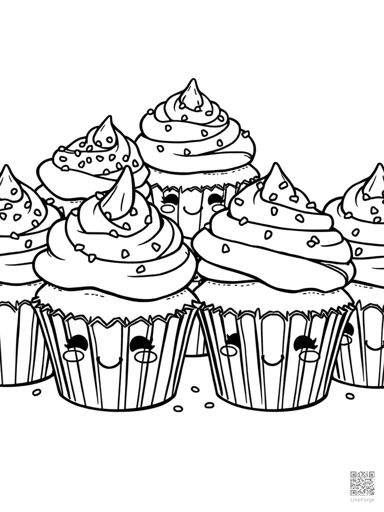 Kawaii cupcakes with smiling faces and sprinkles coloring page Manga style - free printable