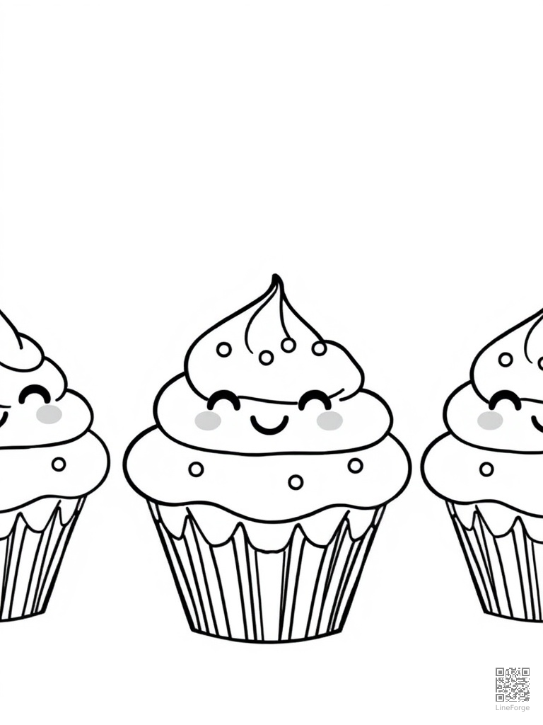 Kawaii cupcakes with smiling faces and sprinkles coloring page Minimal style - free printable