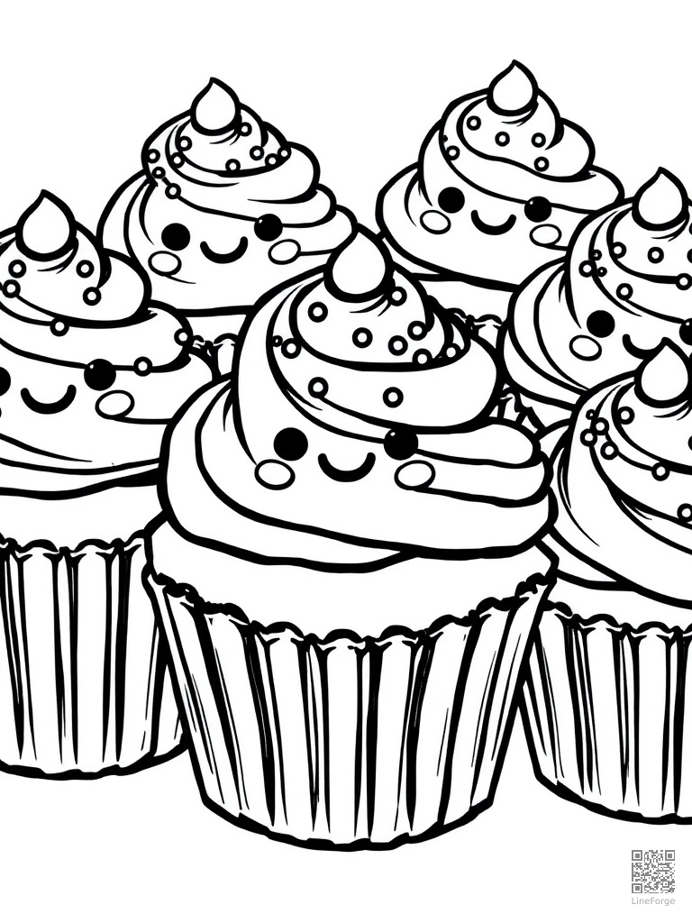 Kawaii cupcakes with smiling faces and sprinkles coloring page Woodcut style - free printable