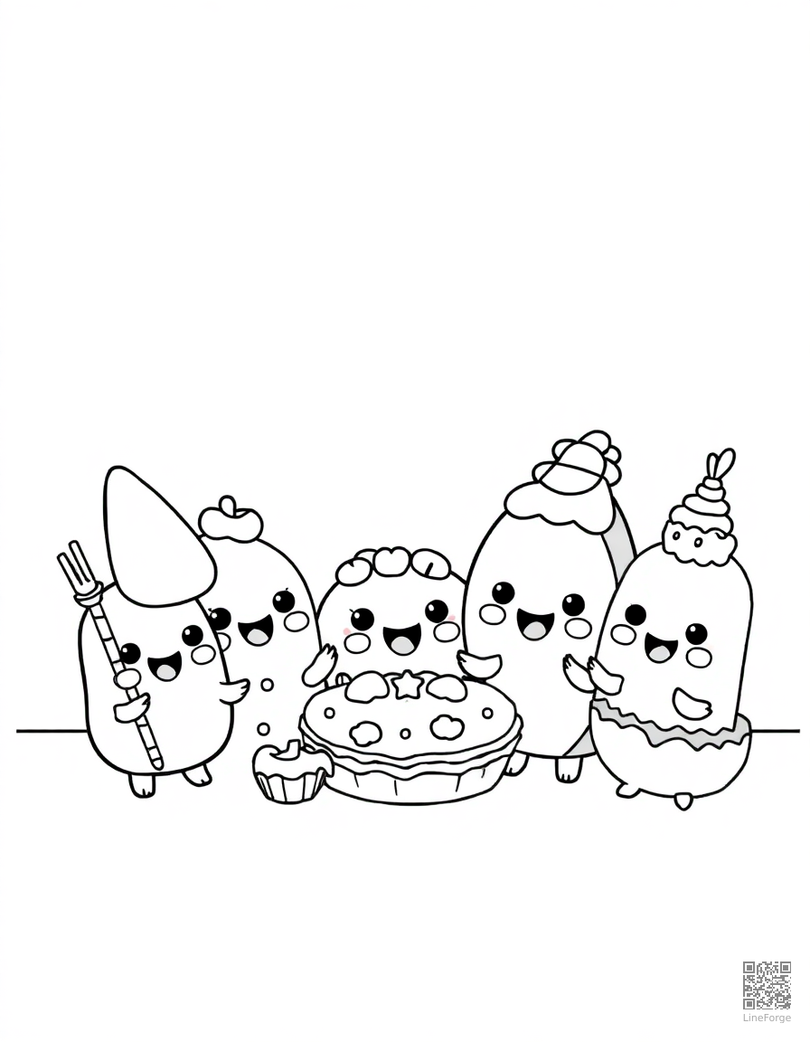 kawaii food characters at a party coloring page Contour style - free printable