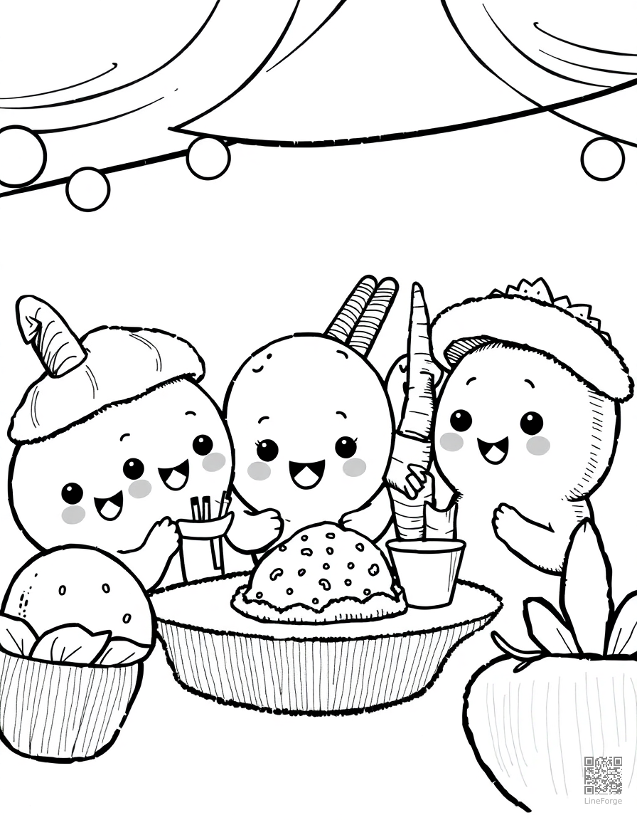 kawaii food characters at a party coloring page Crosshatch style - free printable