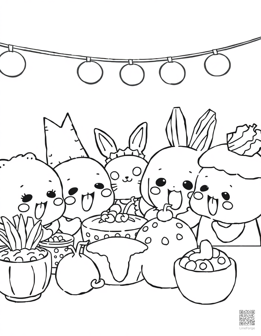 kawaii food characters at a party coloring page Manga style - free printable