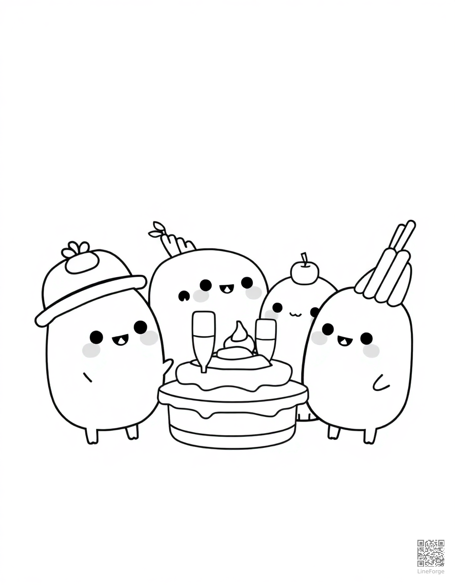 kawaii food characters at a party coloring page Minimal style - free printable