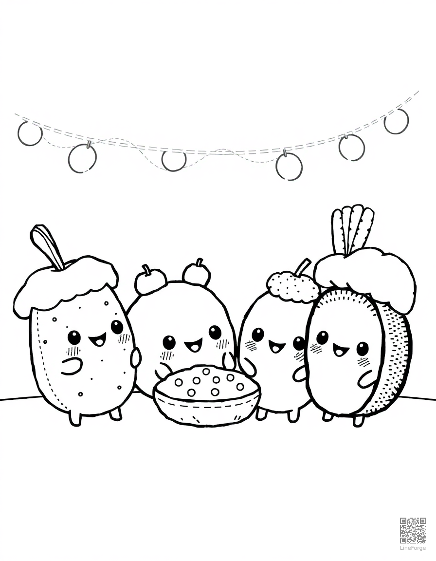 kawaii food characters at a party coloring page Stipple style - free printable