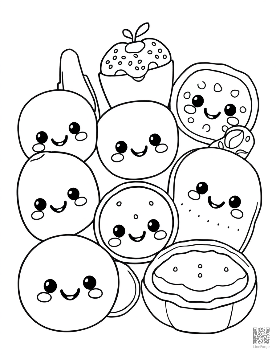 kawaii foods with cute smiling faces coloring page Contour style - free printable