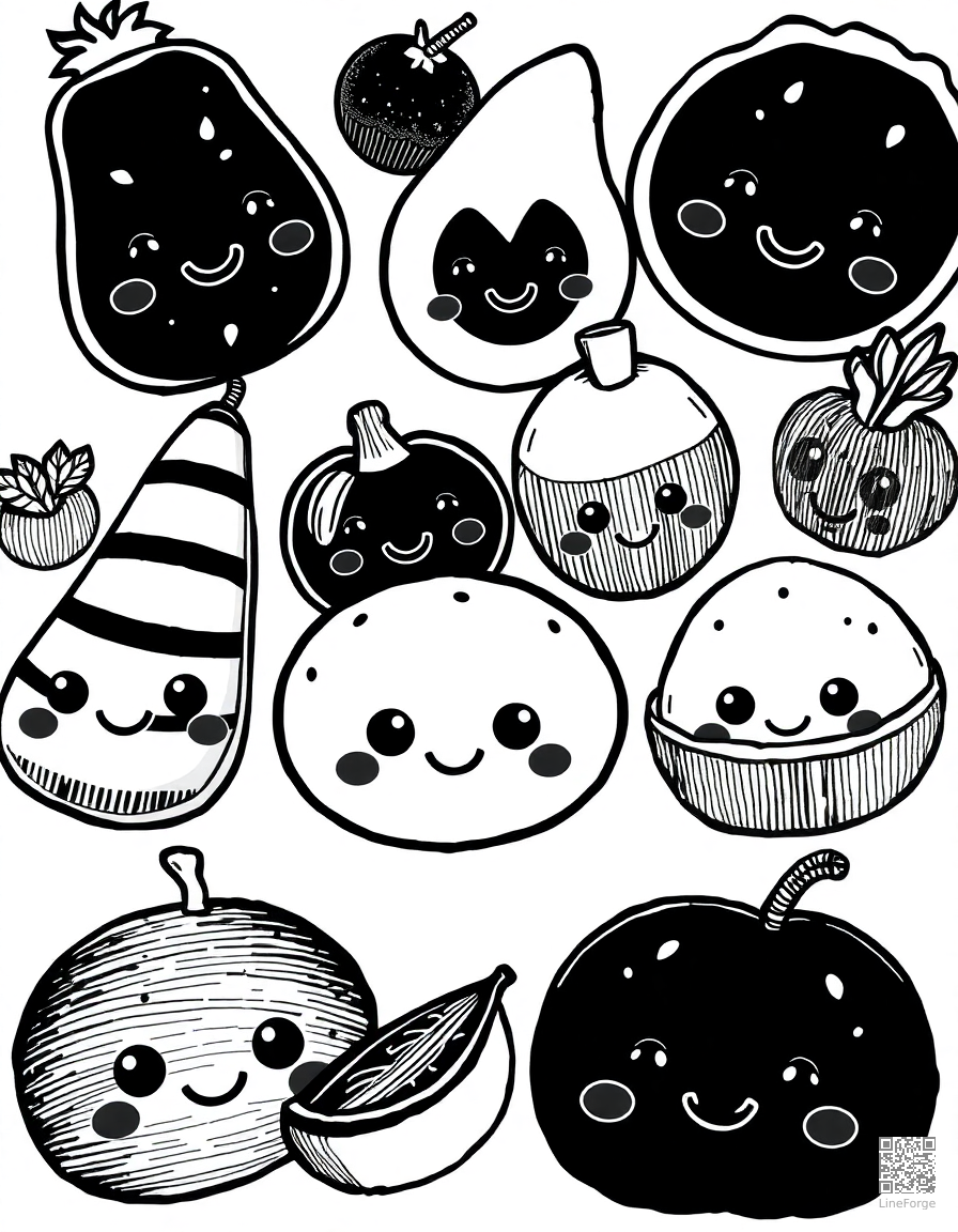 kawaii foods with cute smiling faces coloring page Crosshatch style - free printable