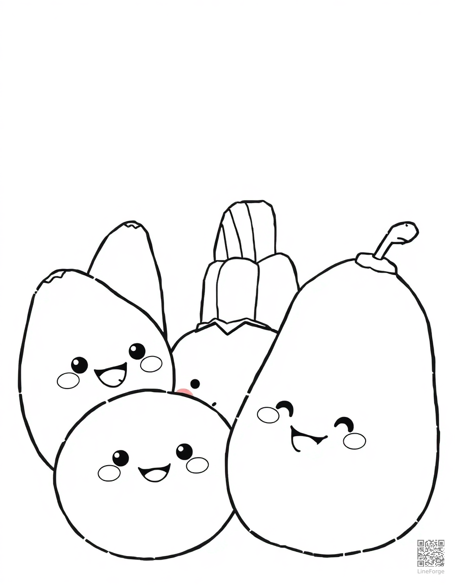 kawaii foods with cute smiling faces coloring page Manga style - free printable