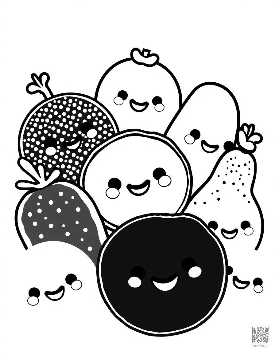 kawaii foods with cute smiling faces coloring page Stipple style - free printable