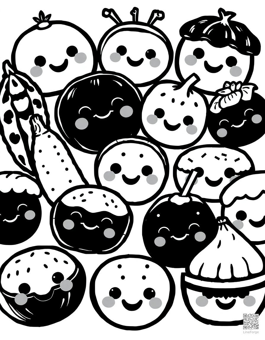 kawaii foods with cute smiling faces coloring page Woodcut style - free printable