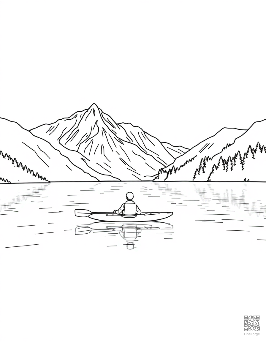 Free kayaking on a calm mountain lake coloring page in contour style — printable line art